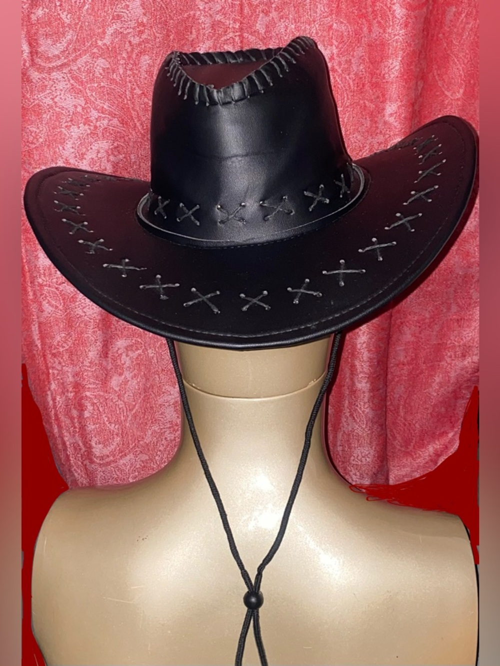 Black Cowboy Hat Faux Leather Western Hat Adjustable Chin Strap